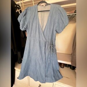Denim wrap around r dress with puffy sleeves